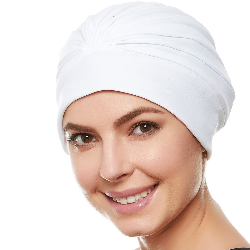 Beemo Swim Caps for Women Swimming Turban Polyester Latex Lined Pleated for Ladies - White - Image 1